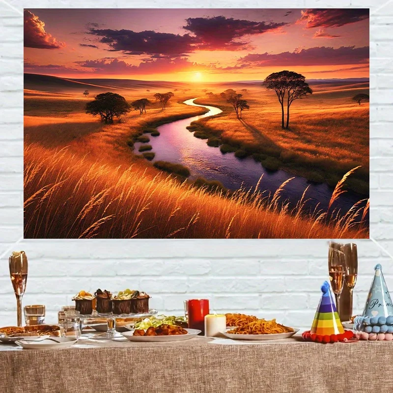 Vibrant Sunset River Landscape Tapestry - Polyester Wall Hanging with Golden Grass, Serene Sky, and Tranquil Water Scene f