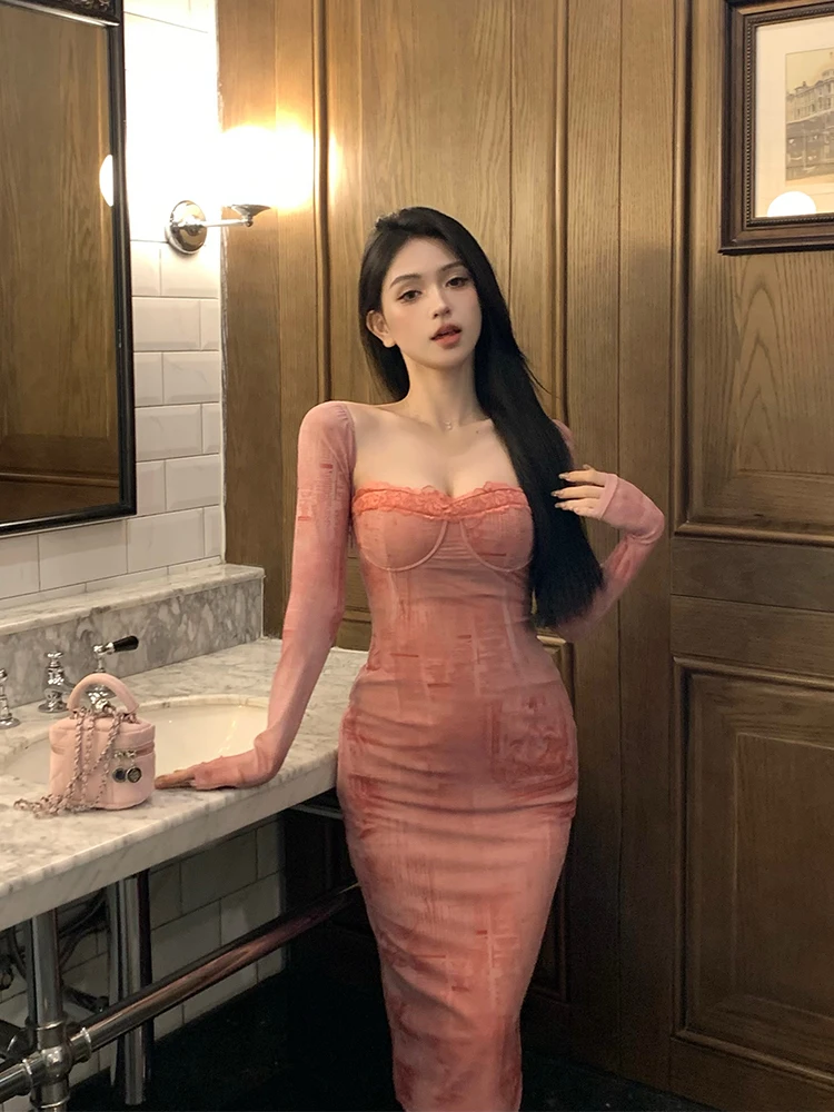 

plus Size Lace Backless Long Sleeve Dress Women's Autumn Winter Sexy Inner Wear Waist Cinching Bodycon Long Dress