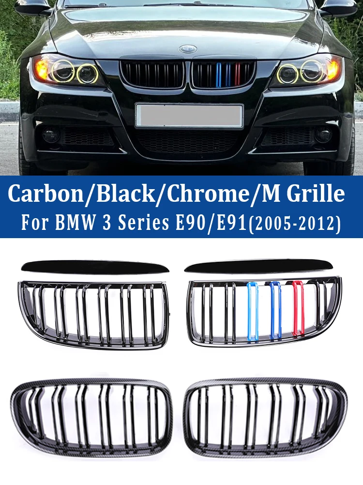 Parachoques delantero de fibra de carbono para BMW, cubierta de rejilla de carreras, Color negro M, Serie 3, E90, E91, 2005-2012