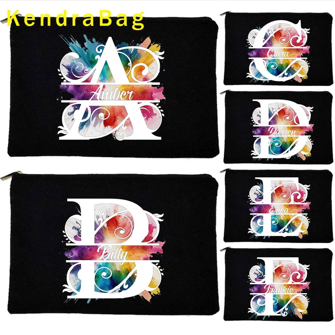 Initial Letter Floral Alphabet Name Bright Rainbow Monogram Wedding Black Canvas Cosmetic Makeup Bags Pencil Case Wallet Pouch