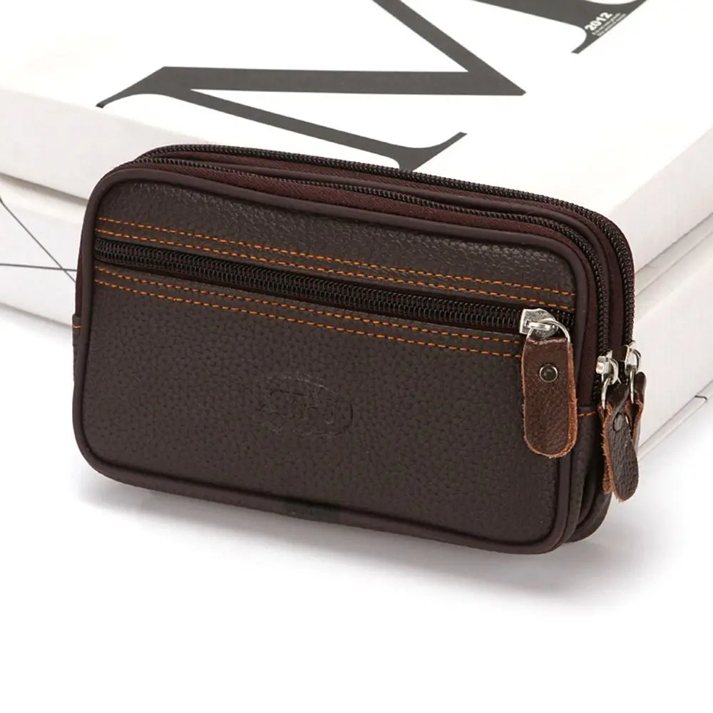 Durable PU Leather Man Belt Pouch Zipper Multiple Layers Phone Waist Bag 6.5inch Modern Phone Case Men's