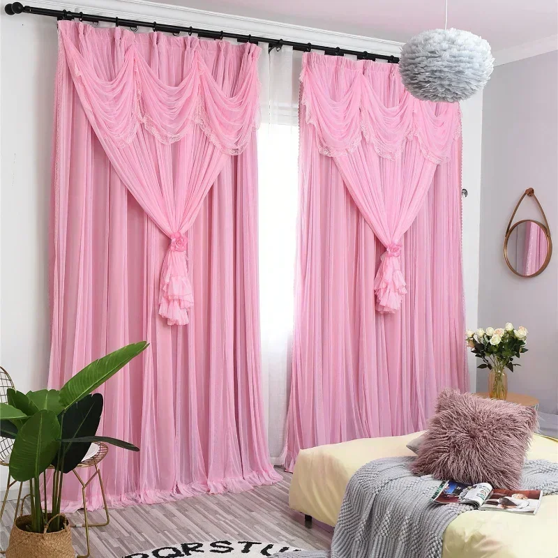 

Princess Girls Dream Curtains for Living Dining Room Bedroom Lace Full Blackout Curtain Double-layered One Floating Window Tulle