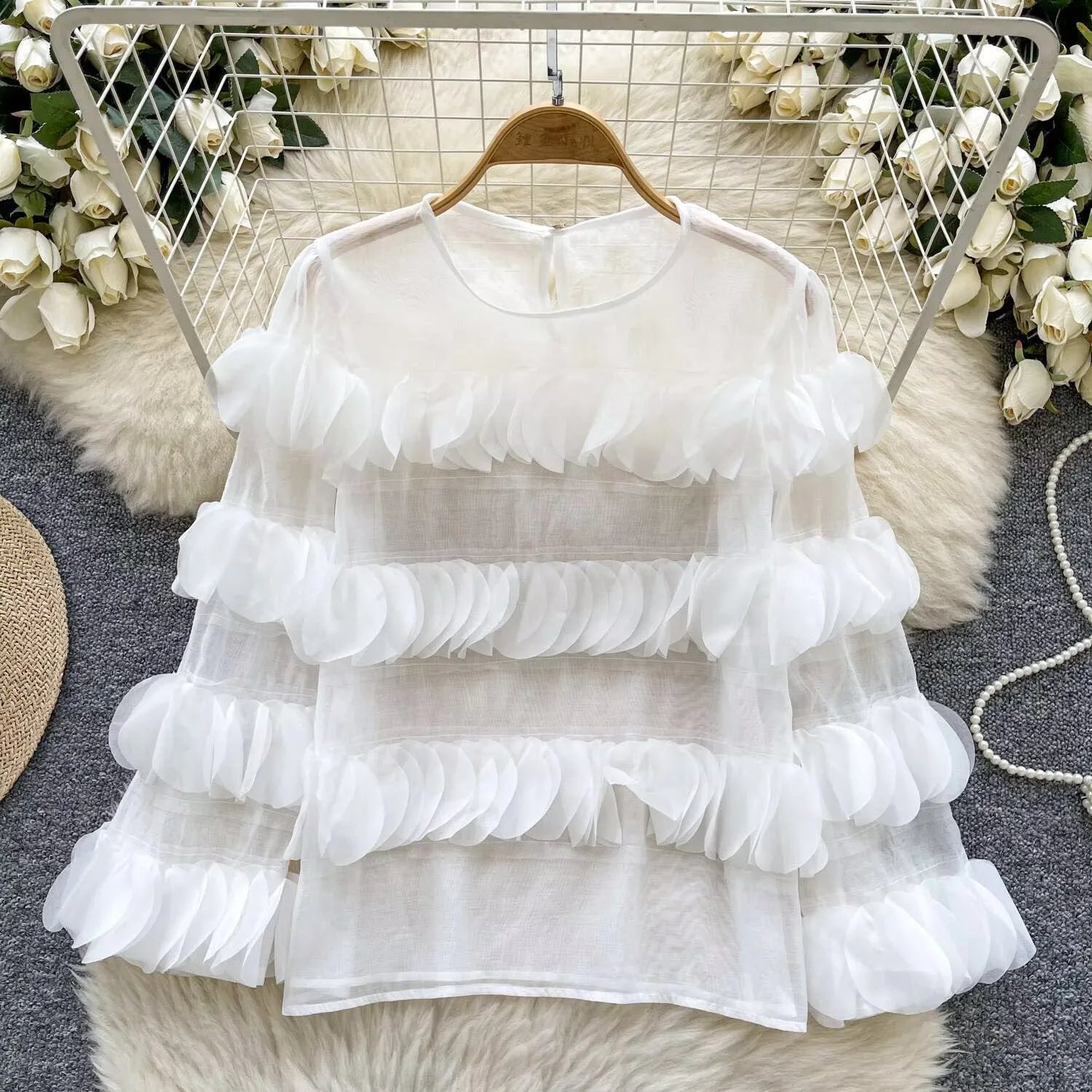 2025 Spring Unique Fresh Exquisite Women Clothing New Sweet All-match Top Personalized Long Sleeve Ruched Chiffon Shirt