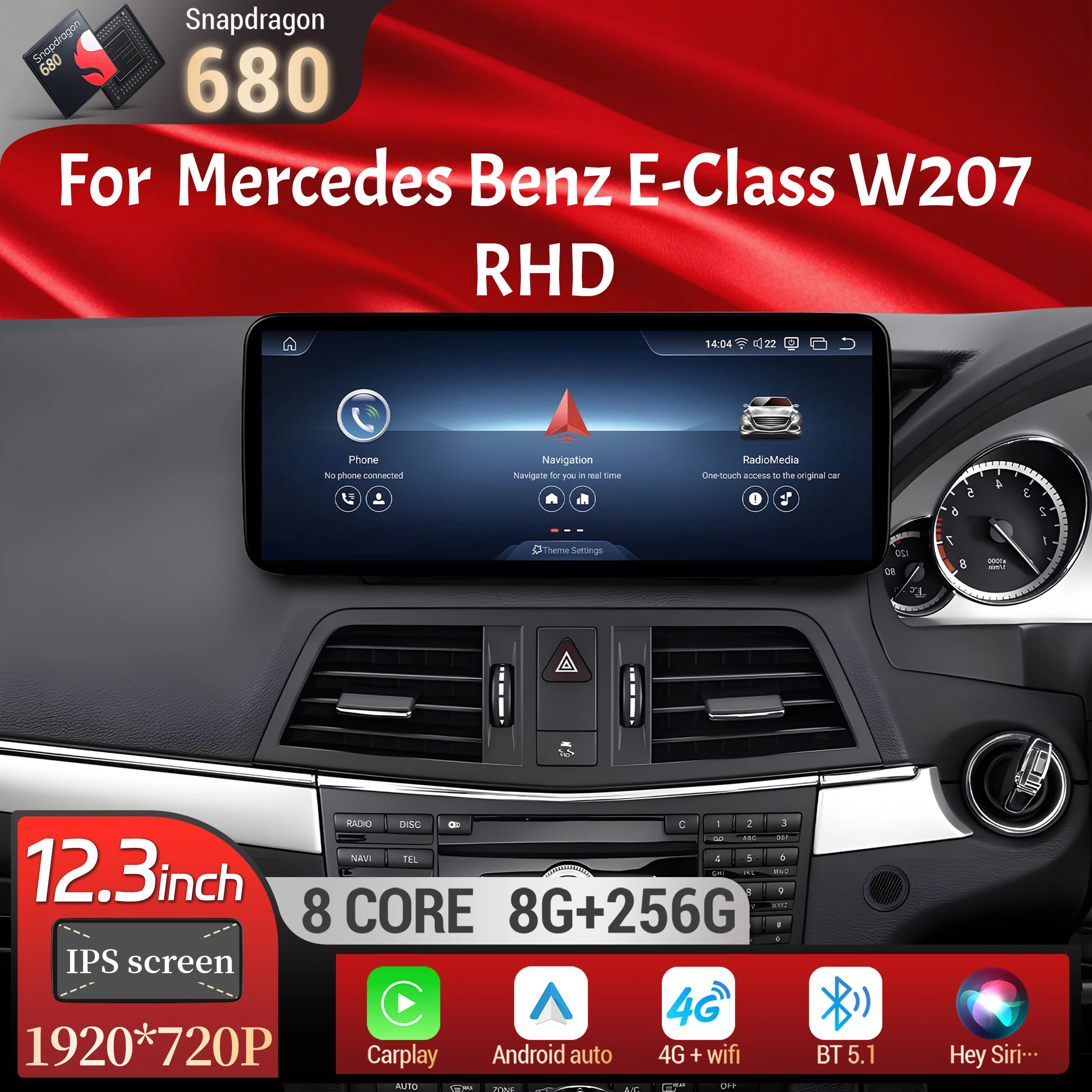 

12.3"Right Hand Drive Car Radio For Mercedes Benz E-Class C207 W207 A207 2009-2016 Android 14 BT Carplay Snapdragon 680 Screen