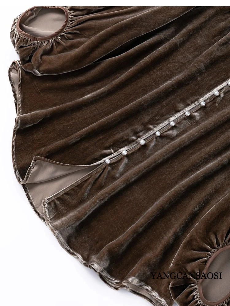 Women's Fashion Clothing Advanced Tea Brown 30% Natural Mulberry Silk Velvet V-neck Raglan Sleeves Loose Pearl Button Shirt