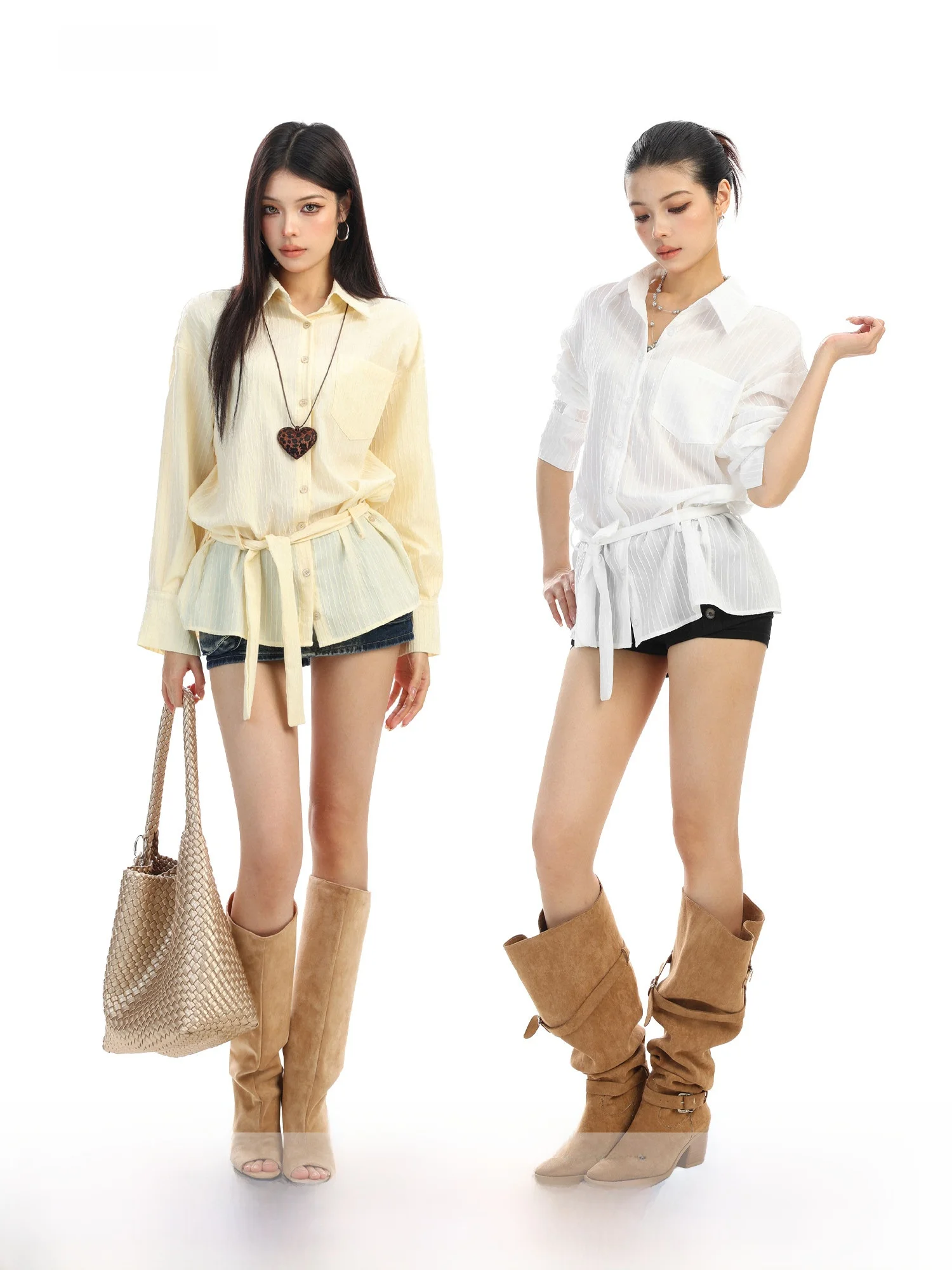 

Ele Vertical Striped Belted irt Women's Casual Spring Sun Protection Top Age-Defng French Sle Loose Fit Long Sve