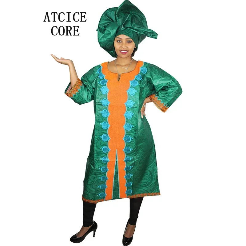 

African Dresses For Woman Bazin Riche Embroidery Design Middle Dress With Scarf