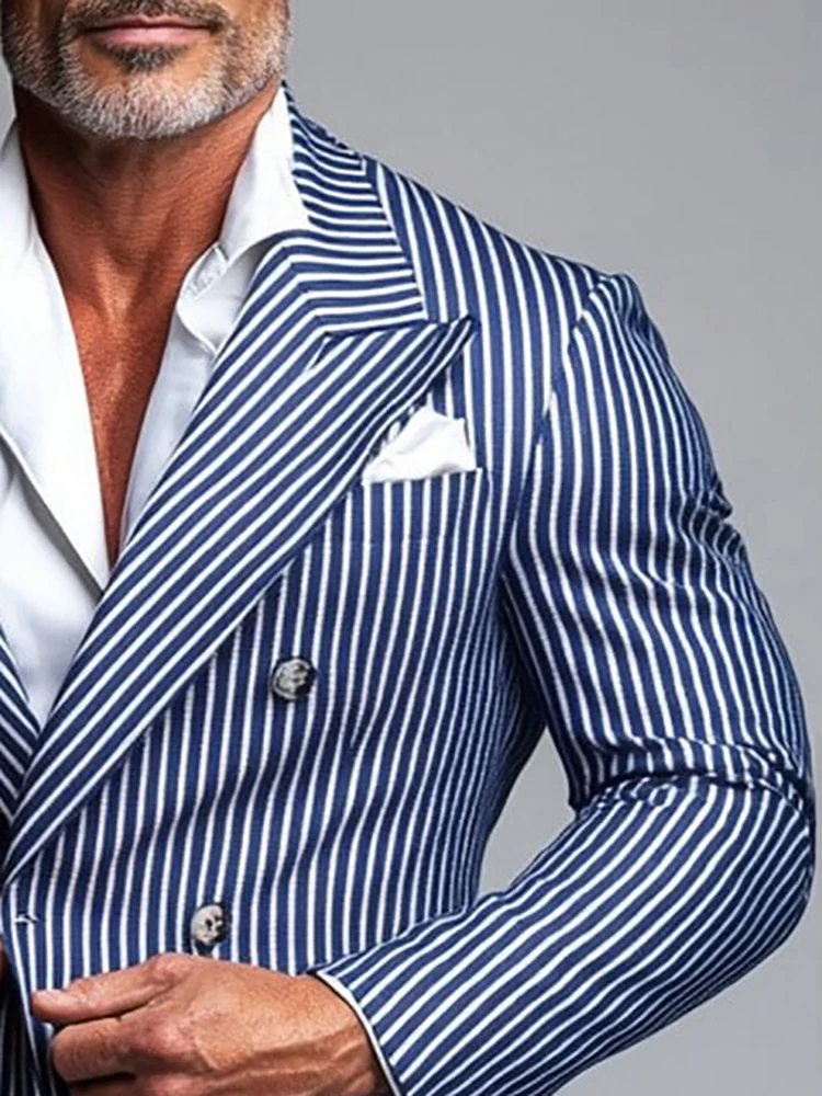 Men Striped Double Breasted Business Blazer Peak Lapel Slim Fit Blue White Stripe Elegant Wedding Guest Office Outerwear Jacket