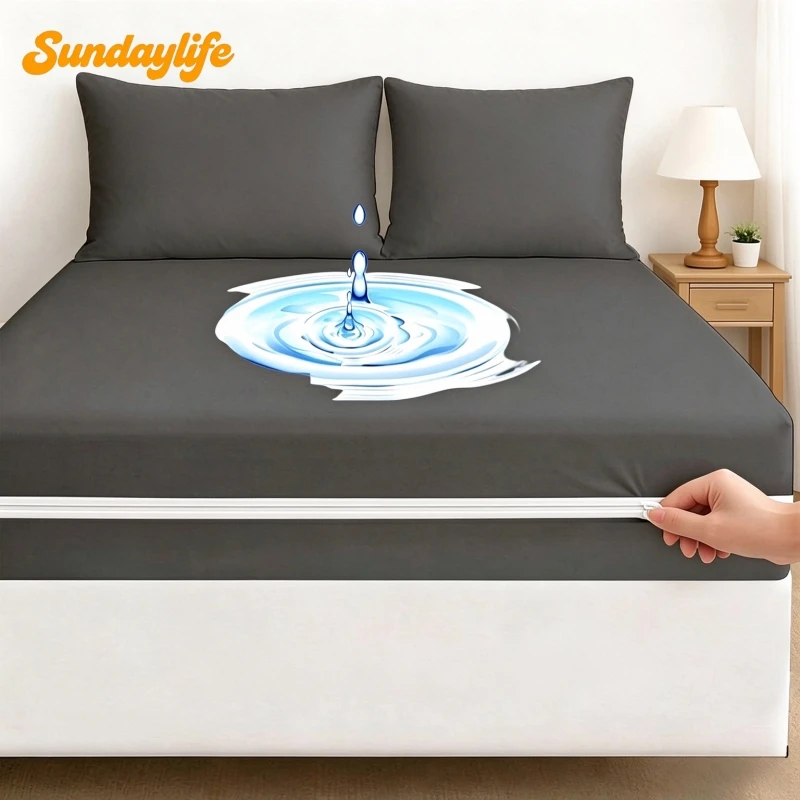 Waterproof Mattress Covers Protector with Zipper Brushed Microfiber Fitted Sheet 6 Sides Full Enclosed Anti-Slip Mattress Cover