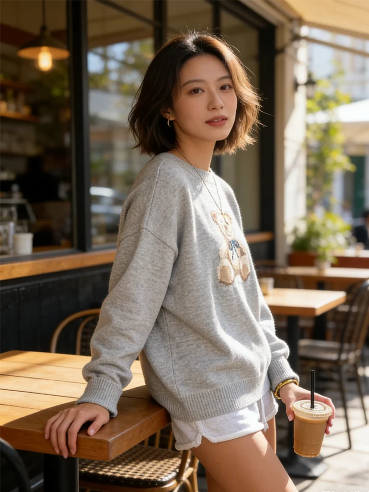 

Женский свитер, блузка, женский пуловер, вязаные топы с плюшевым мишкой, женская одежда с круглым вырезом, повседневный топ, повседневная свободная новая верхняя одежда