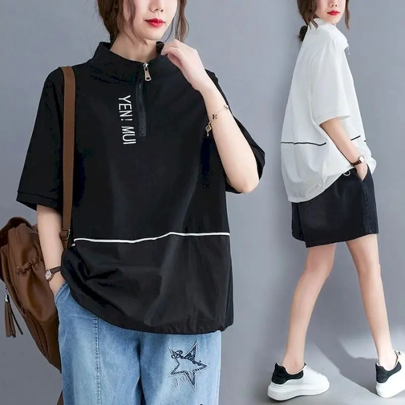 Oversized T Shirts Women Fashion Print Letter 98% Cotton T-shirt Zipper Design Short Sleeve Tops Summer Trend Thin Loose Tshirt