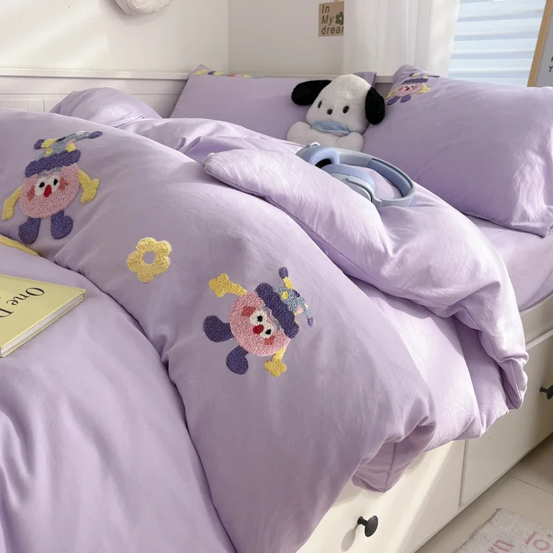 Purple Washing Bedding Set  Towel Embroidered Small Doll Four PIECE Set Dormitory Cardboard Duvet Cover Quilt Duvet Set