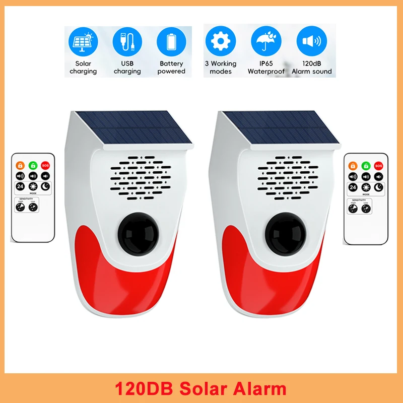 Alarme infravermelho PIR solar ao ar livre, sirene 120dB, segurança doméstica, sirene à prova d'água, controle remoto, carregamento USB, 1-4PCs