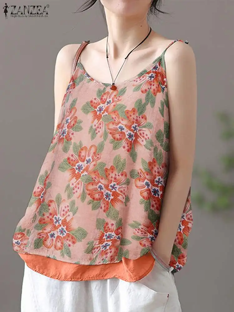 2024 ZANZEA Summer Bohemian Floral Printed Tank Tops Women Vintage Beach Camis Casual Spaghetti Strap Patchwork Blouse Blusas