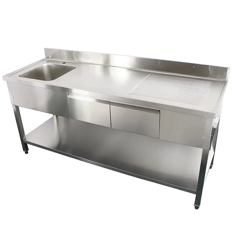 304 Stainless Steel Kitchen Workbench with Sliding Door Storage Cabinet Charging Station Cutting Board Trash Bin Stove