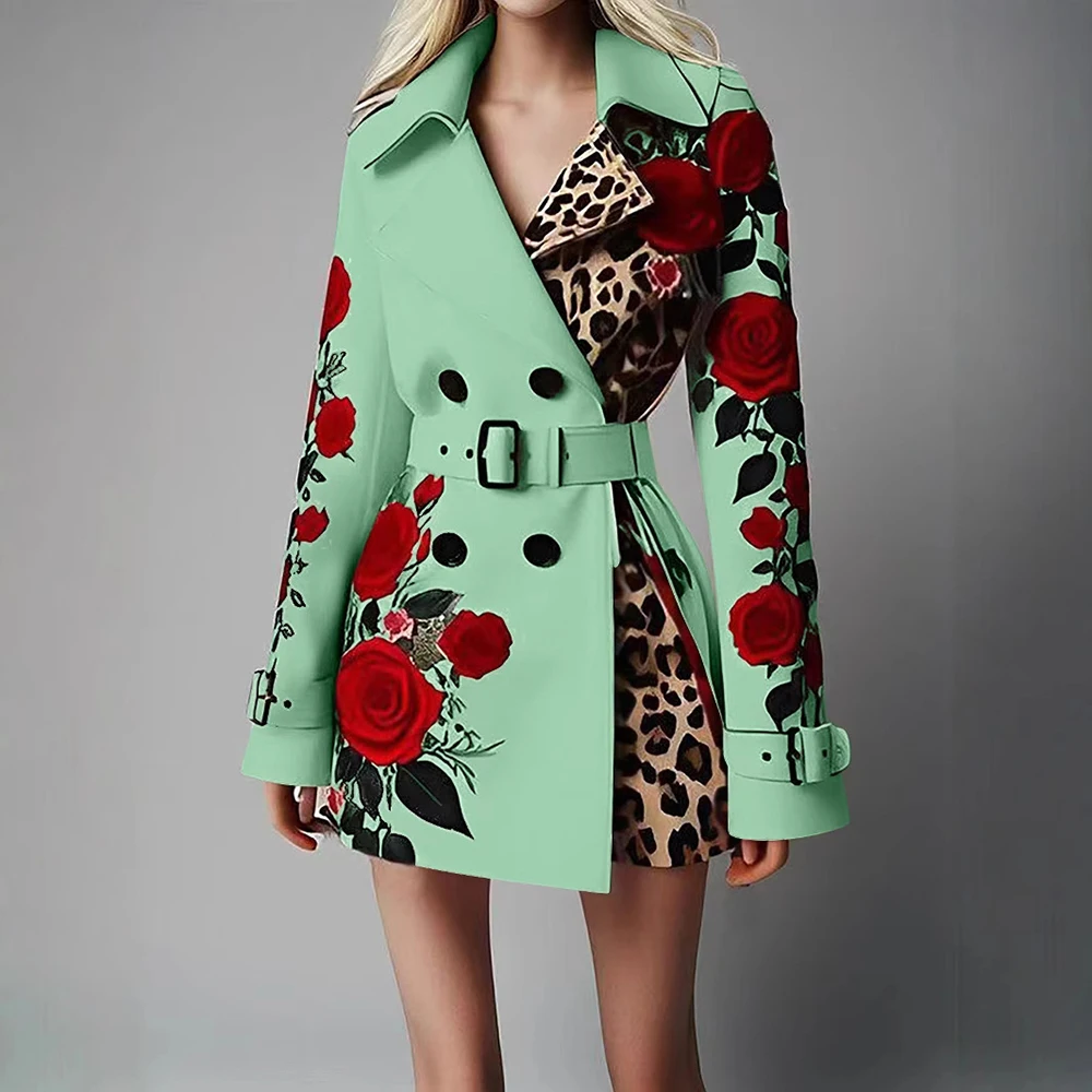 Double Breasted Belted Lapel Long Sleeve Casual Outerwear Winter Female Jackets Women's Chic Trench Coat Red Rose Leopard Print
