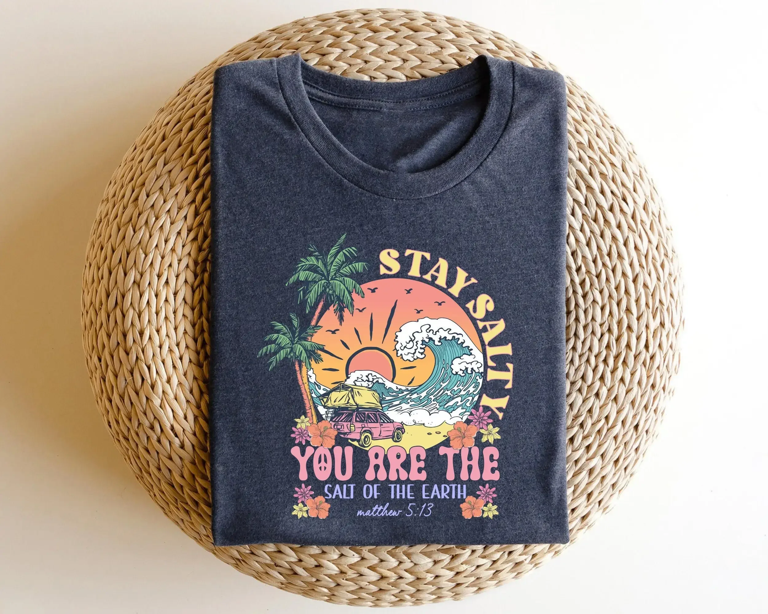 Restez éblouissant, Matthieu 5:13, verset biblique, t-shirt chrétien, rétro, inspirant, plage