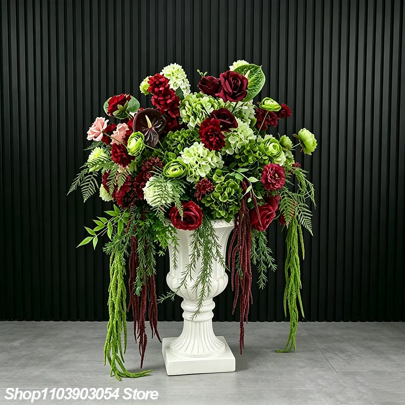 Weinrote und grüne Hortensien-Hängegirlande Luxuriöser Hochzeitshintergrund Blumenarrangement Gang-Bodentisch-Mittelstück Ball-Party-Dekoration – Detail 7