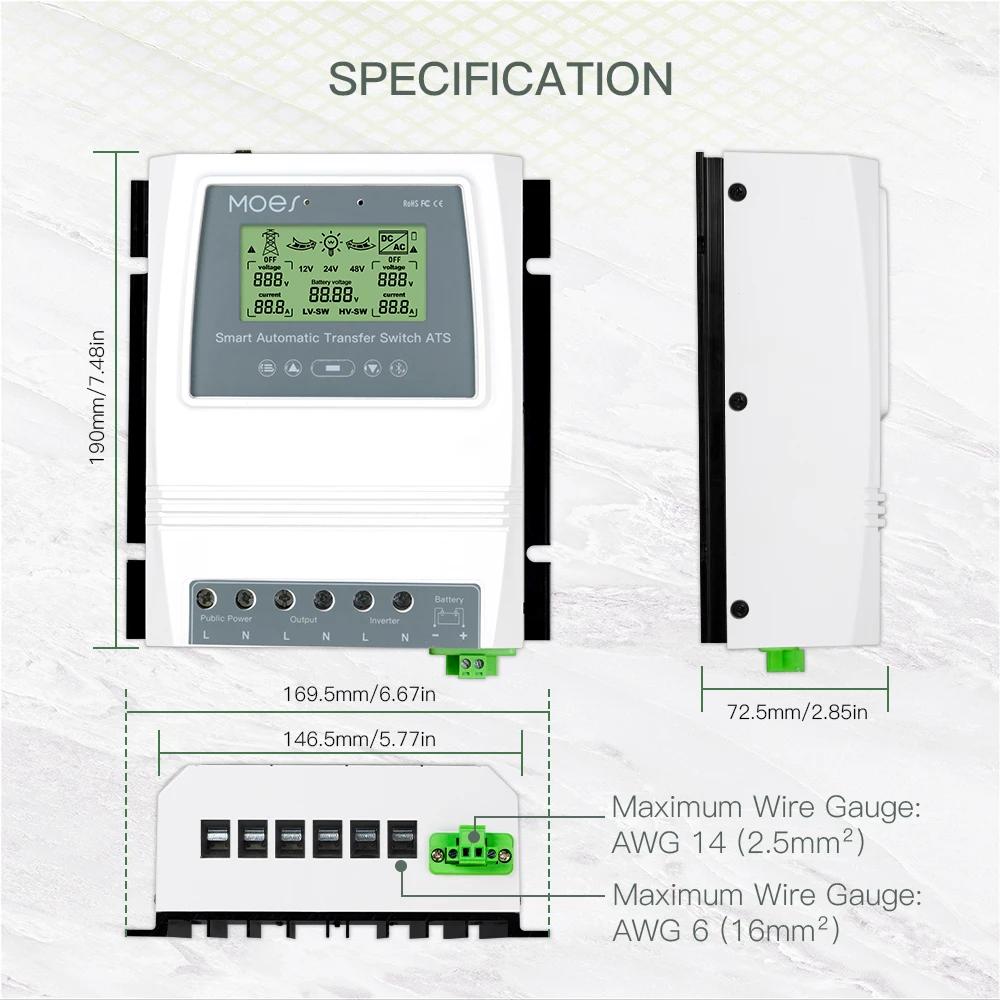 Automatic ATS Dual Power Transfer Switch Solar Charge Controller for Solar wind System DC 12V 24V 48V AC 110V 220V on/off grid