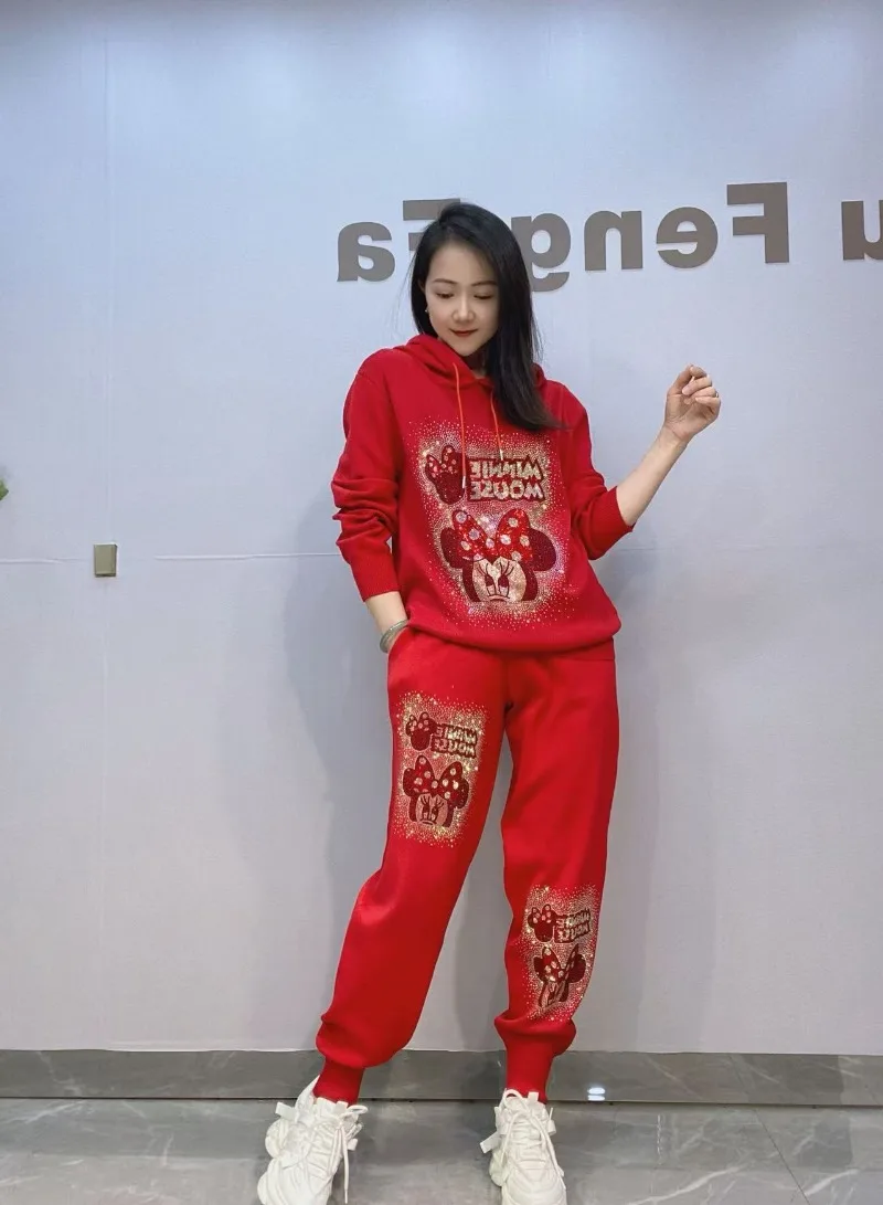 Autumn New Arrivals Casual Knitted Hooded Long Sleeved Top And Jogger Pants Two-Piece Set For Women's Rhinestones Long Trousers