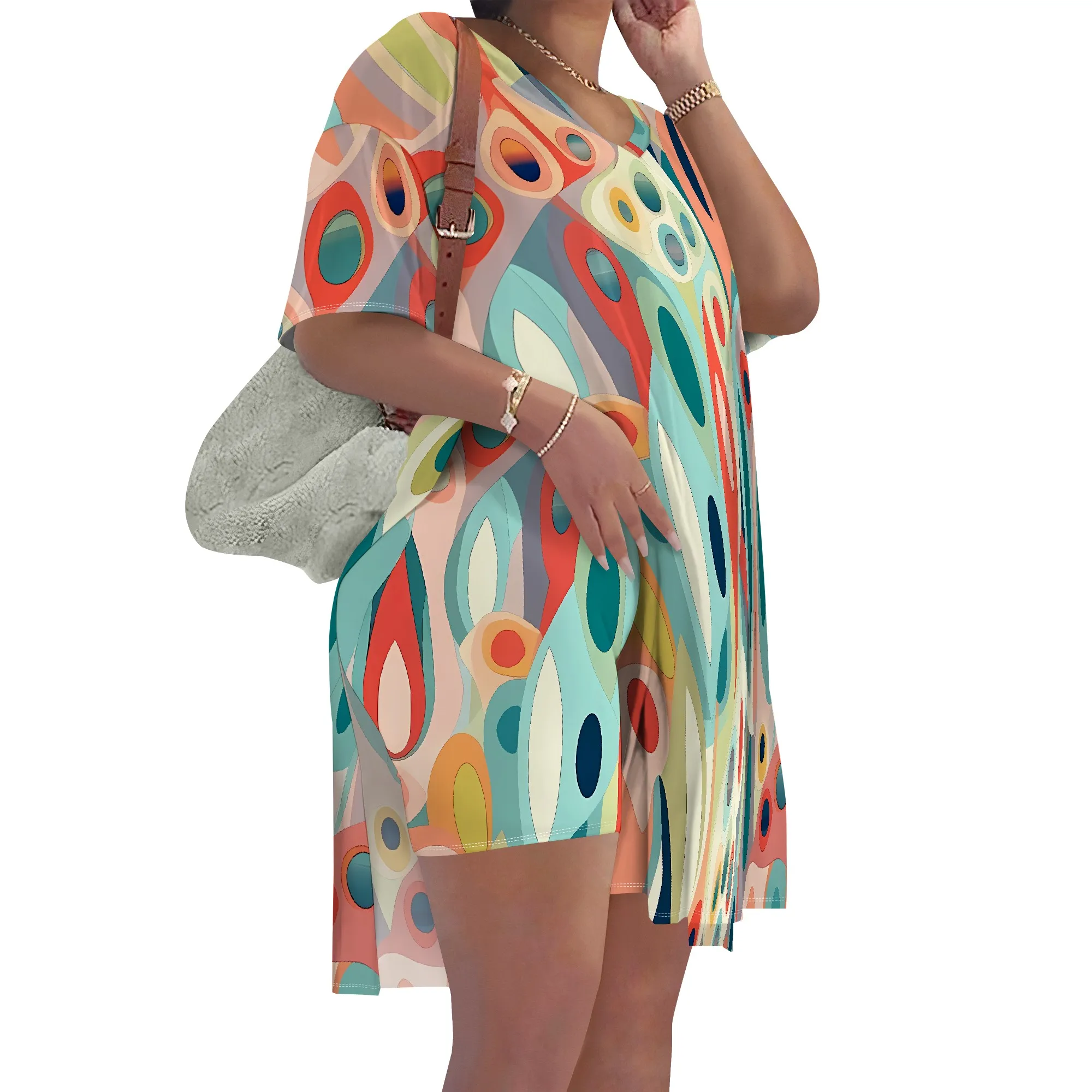 Nupusa 抽象柄ドレス レディース 夏 カジュアル V ネック 半袖 衣装