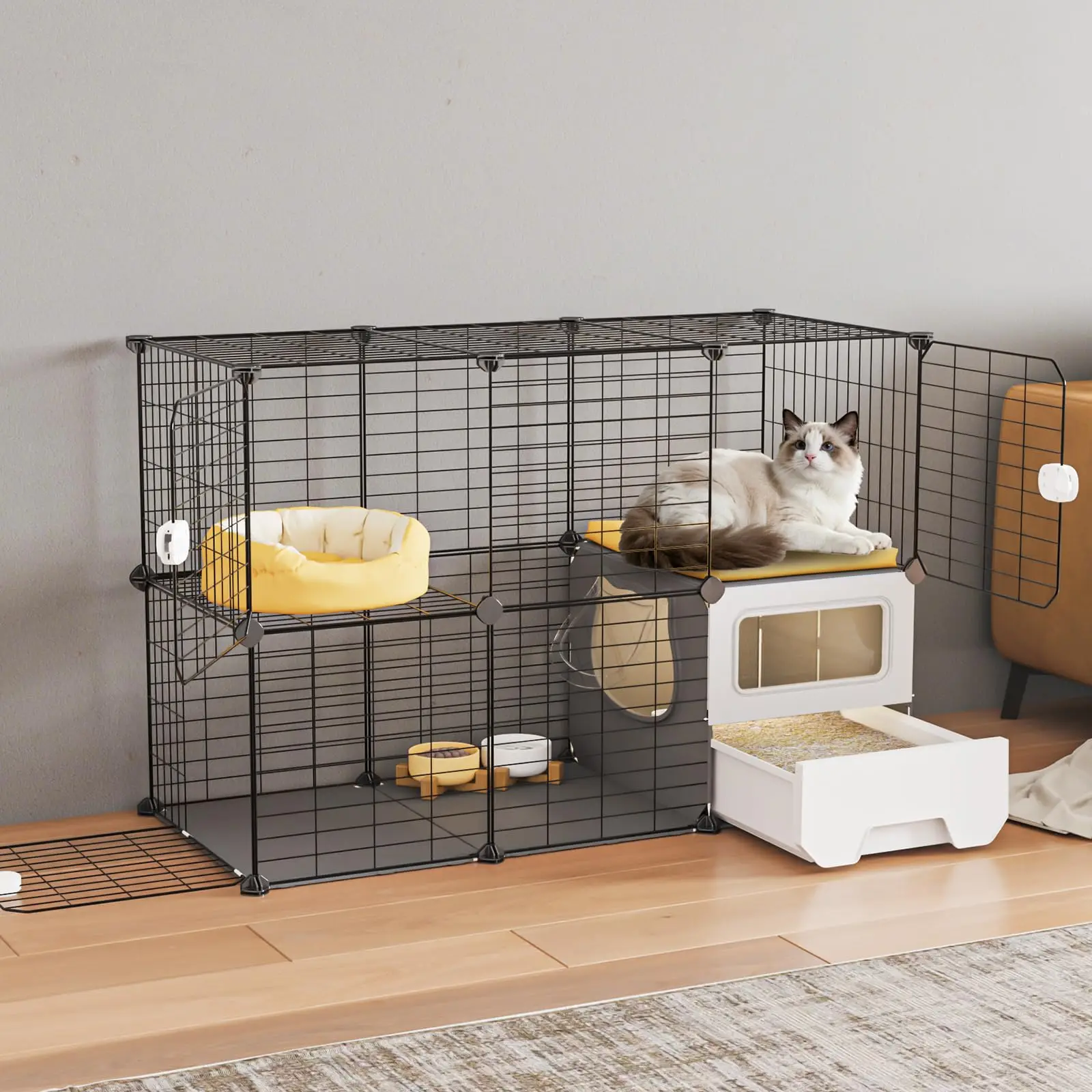 Cat Cage Indoor with Litter Box 2-Tier DIY Cat Playpen Detachable Metal Wire Kennel Crate Large Exercise Place Ideal