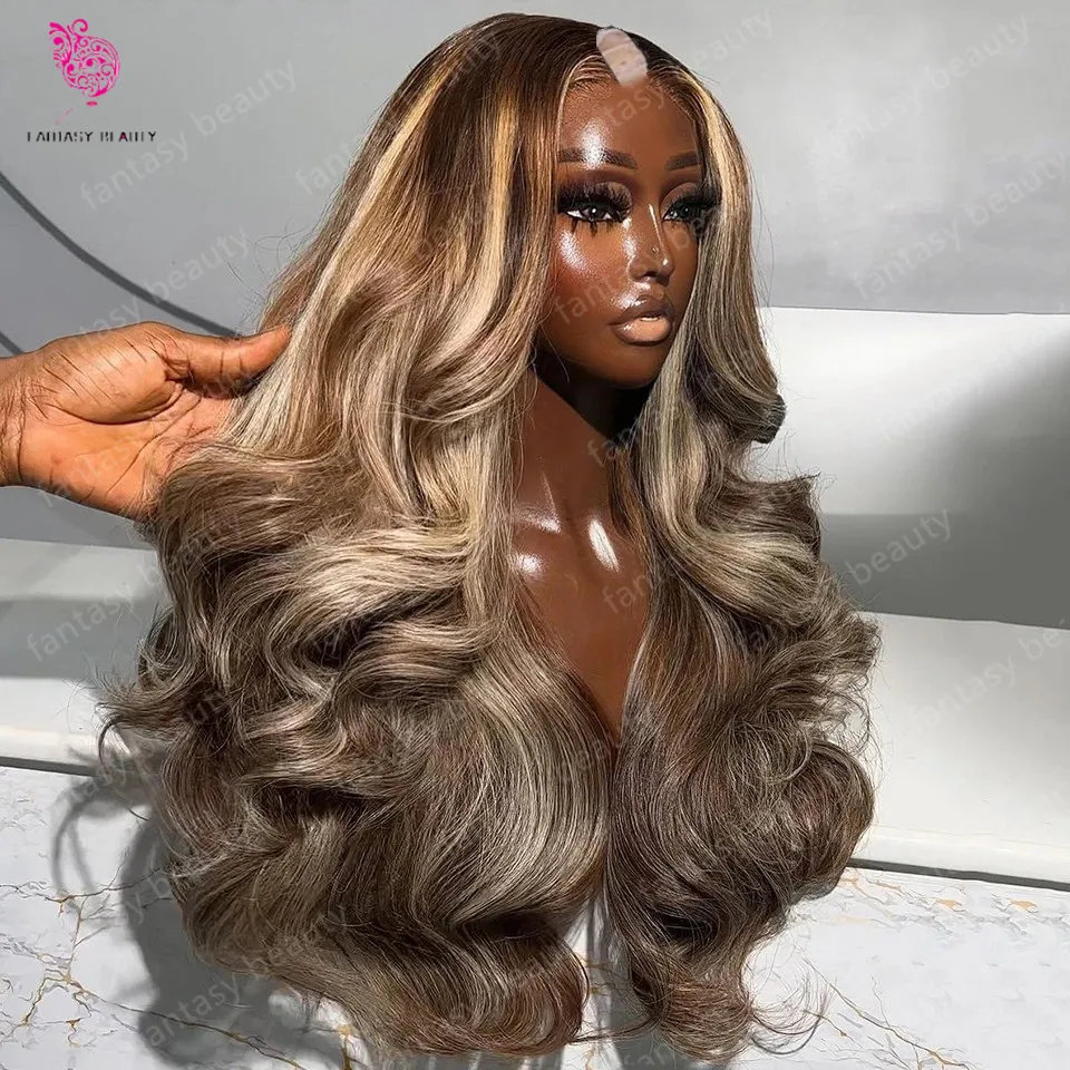 

Highlights Light Blond V Part Lace Front wig curly wigs 100% Human Hair U shape Wig Brown Ombre Body Wave Peruvian 1×4 Open Lace