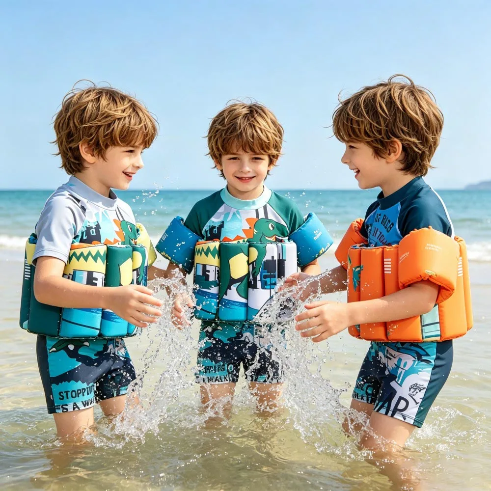 Kids Float Swimsuit Cartoon Boys Dinosaur Buoyancy Swimwear Short Sleeve Floating Bathing Suit Toddler Water Sports Beach Wear