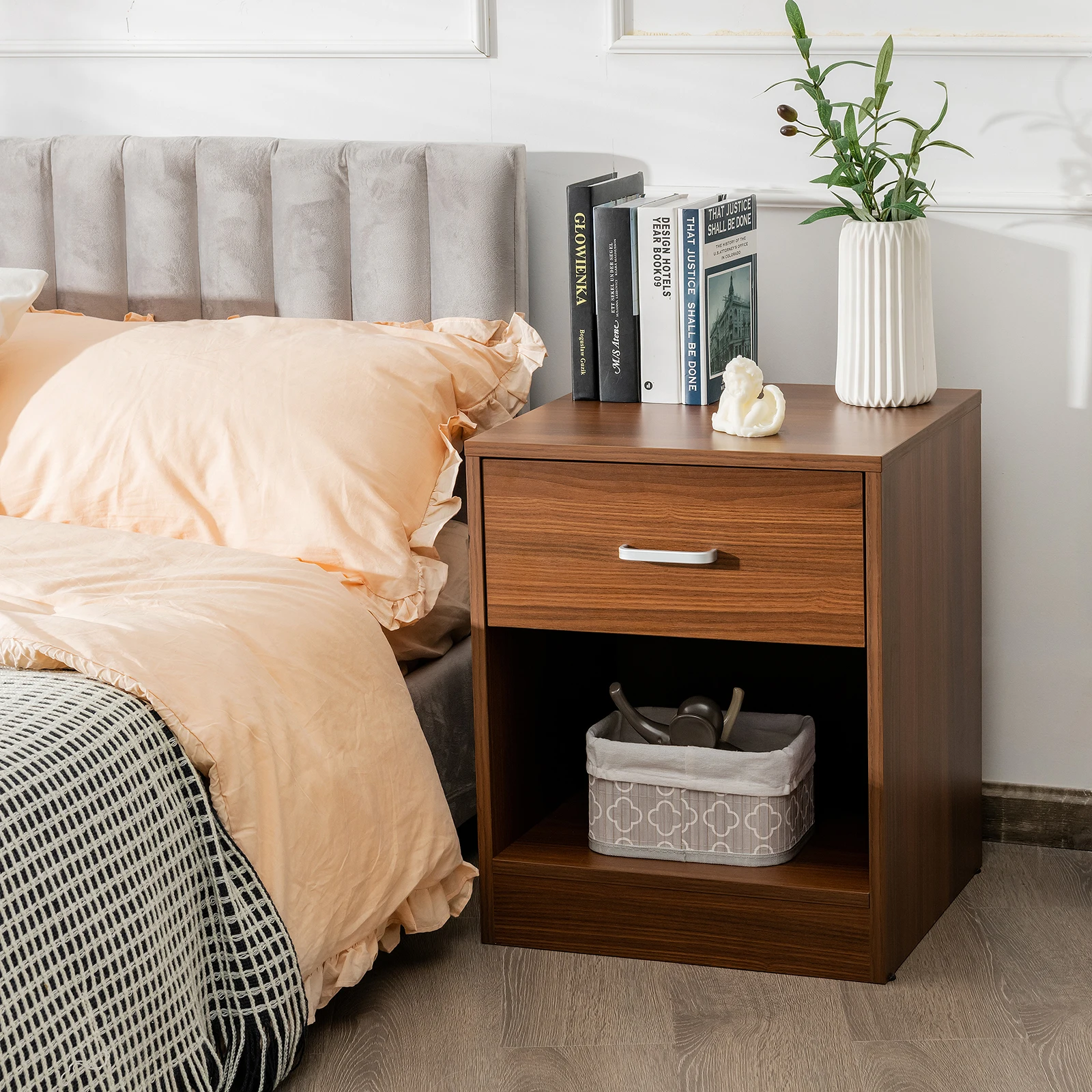 Mesita de noche con cajón de almacenamiento, mueble moderno al lado de la Mesa, color marrón