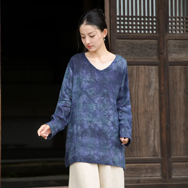 綿麻タイダイチュニックブラウス レディース エステティックプルオーバーシャツ ブルー