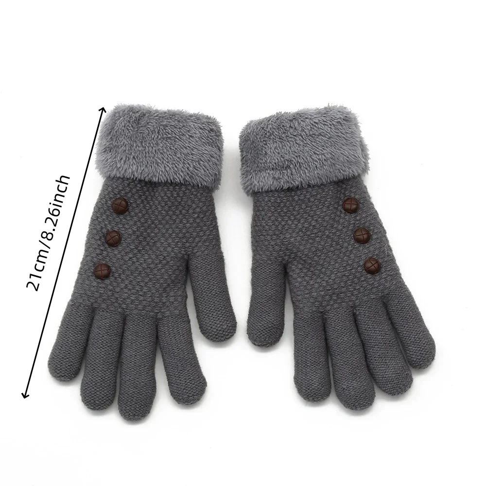 Women's Knitted Winter Warm Gloves, Fleece‑Lined Gloves with Button Decoration, Vintage Thick Windproof Gloves