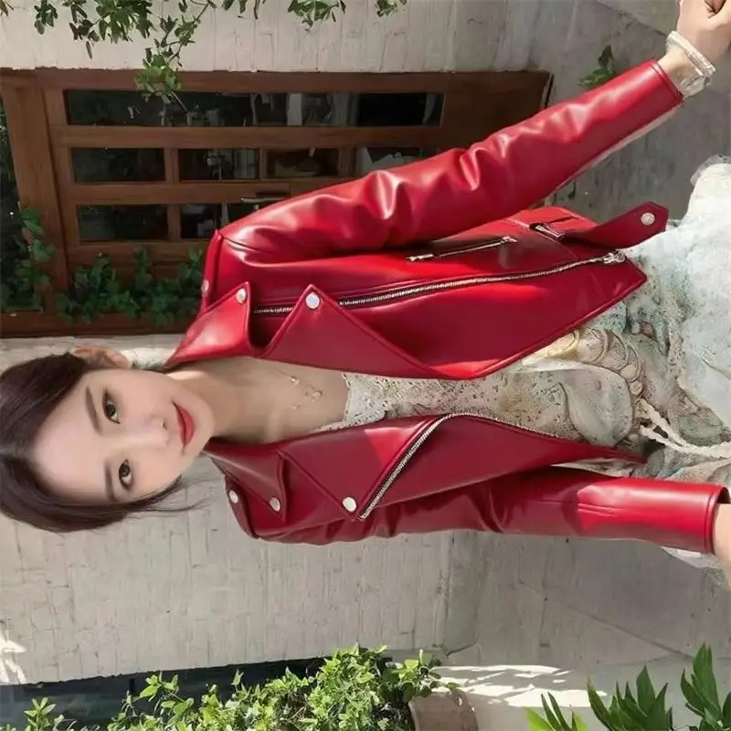 

Women's New 2025 Spring Autumn Coat Short Motorcycle Jacket Top Slim Fashion Korean Style PU Leathe Coat Outerwear Female
