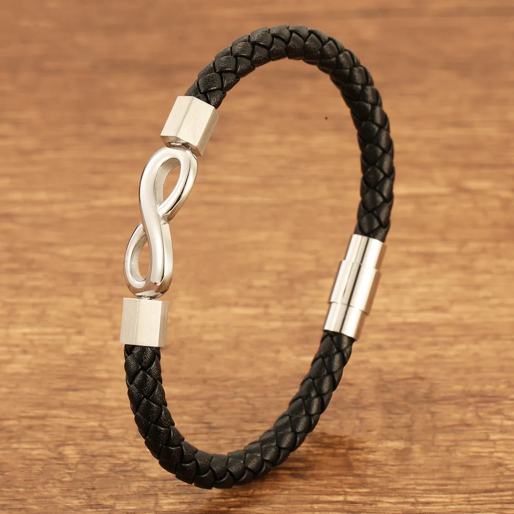 Hot-selling 8-word unlimited stainless steel buckle hand-woven leather bracelet high-grade men's bracelet