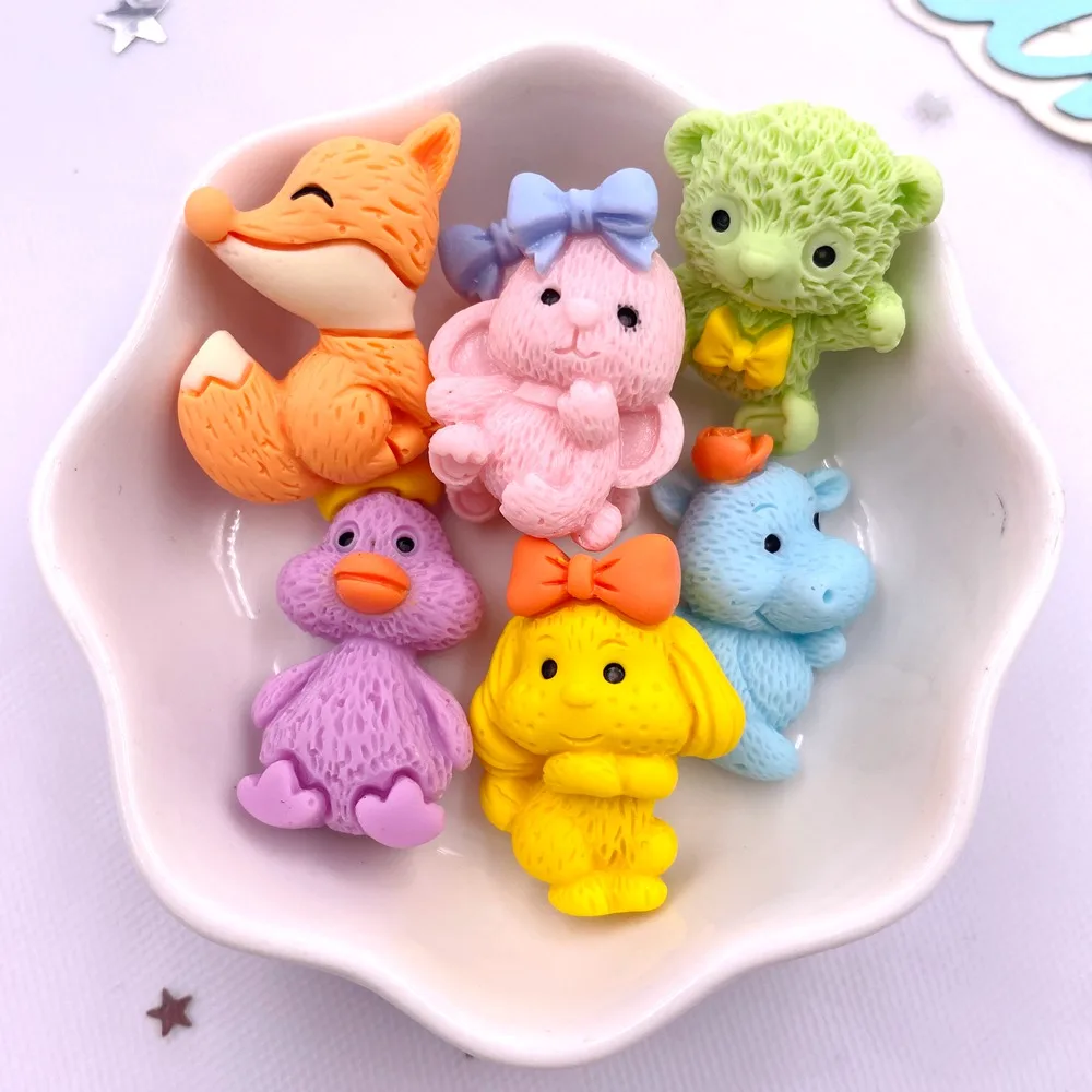 10PCS Painted Resin Kawaii Colorful Bowknot Fox Bear Ox Duck Dog Flatback Stone Scrapbook Figurines DIY Decor Accessories Crafts