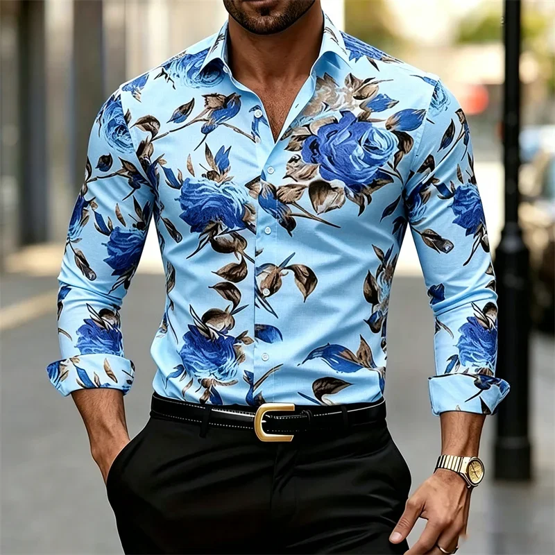Men's Long-sleeve Collared Shirt with Floral Print, Casual Style Men's Top view 3