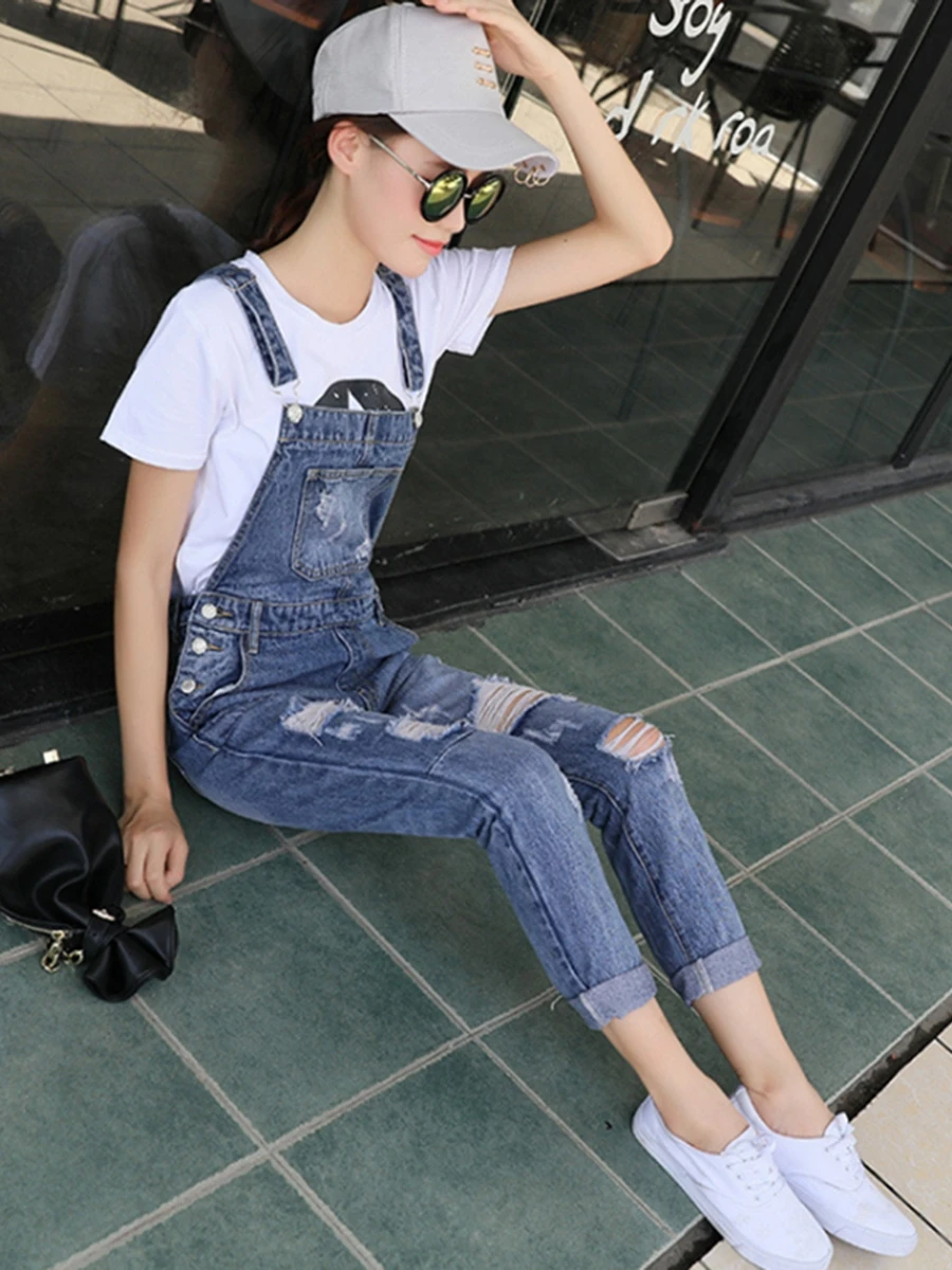 

Trendy CVY Denim Overalls Women's Summer New Korean Sle Slim Fit High Waist Two Piece Set Hole Punching Casual Jeans