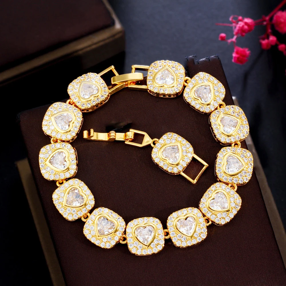 

ThreeGraces Shining White Cubic Zirconia Gold Color Luxury Love Heart CZ Tennis Bracelet for Women Fashion Hip Hop Jewelry BR250