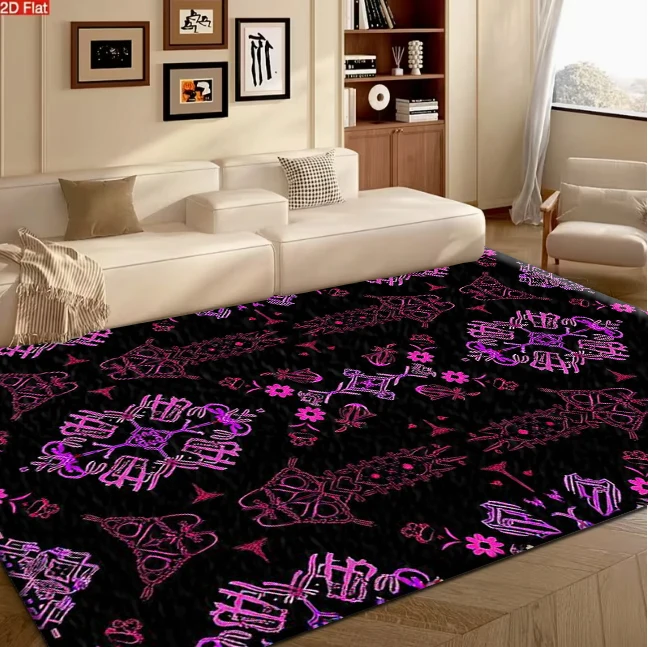 Black Background Purple Pink Bohemian Geometric Floral Carpet Flooring, Symmetrical Ethnic Mandala Repeating Pattern Area Rug for Living Room Bedroom Home Interior