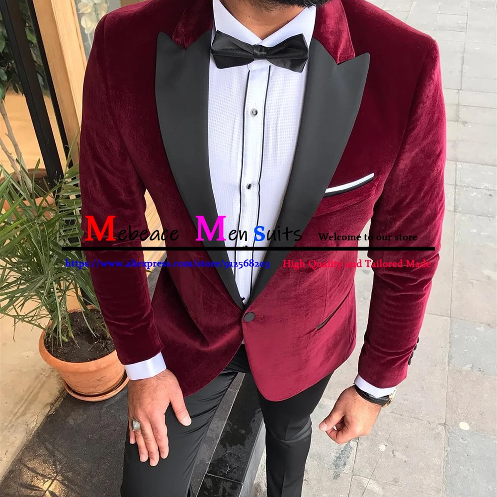 2 Pieces Men Suit Navy Blue Velour Single Breasted Casual Suits Customized Male Party Suits Coat+Pant Slim Wedding Suit For Men
