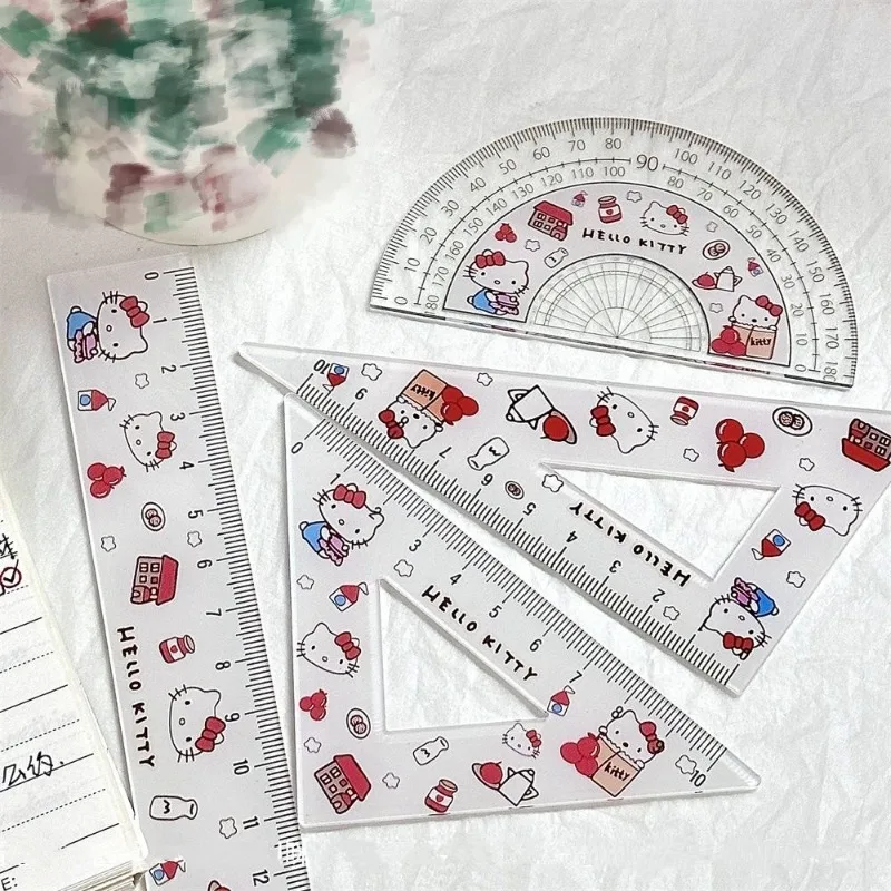 Hello Kitty cartoon animation peripheral cute acrylic ruler four-piece set for students to learn measuring stationery protractor