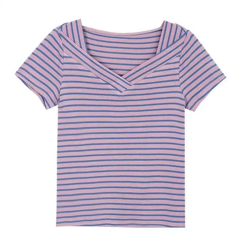 Fashion V-Neck Short Sleeve Casual Striped T-Shirts Women's Clothing 2024 Summer New Loose All-match Tops Commuter Tee Shirt