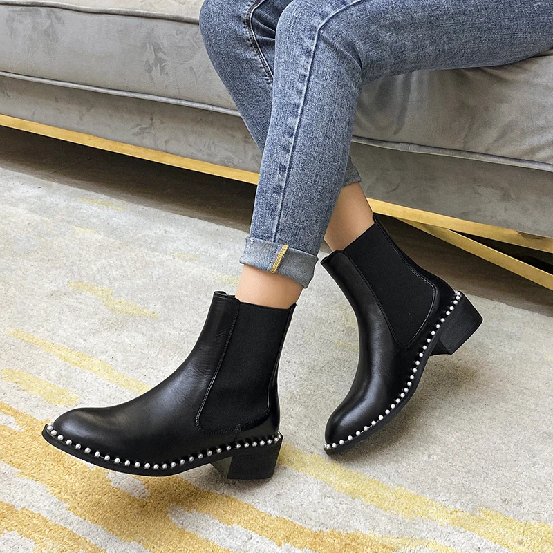 Autumn and winter Women ankle boots natural leather plus size 22-26.5CM cowhide upper full leather pearl chain Chelsea boots