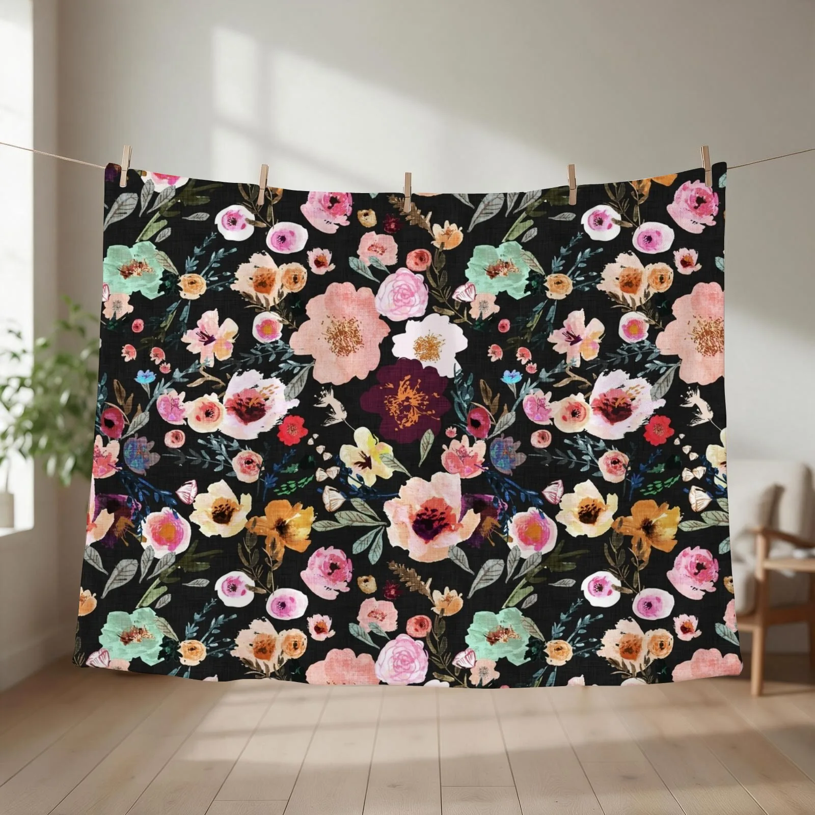 Burst into Bloom (midnight) Throw Blanket couch cozy soft plush fuzzy picnic outdoor blanket