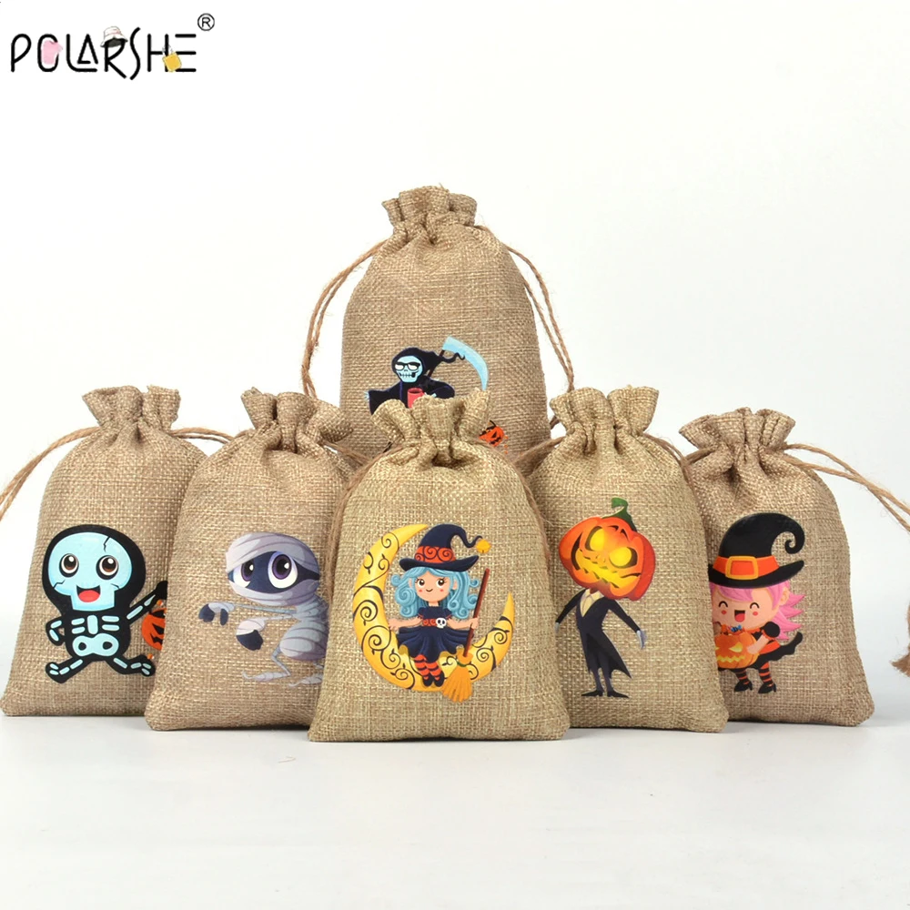 

5pcs New Halloween Luminous Linen Bundle Pocket Holiday Gift Candy Gift Box Packaging Storage Indoor Decoration Hanging Bag