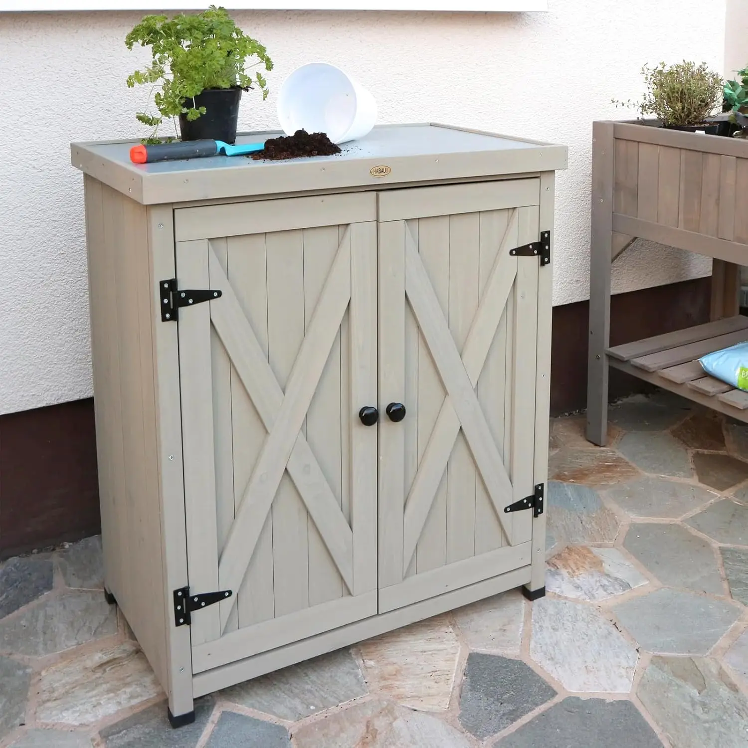 

Outdoor Storage Cabinets Weatherproof for Patio, Garden Work Bench with Shelves & Metal Tabletop, Wooden Potting Table Workstati