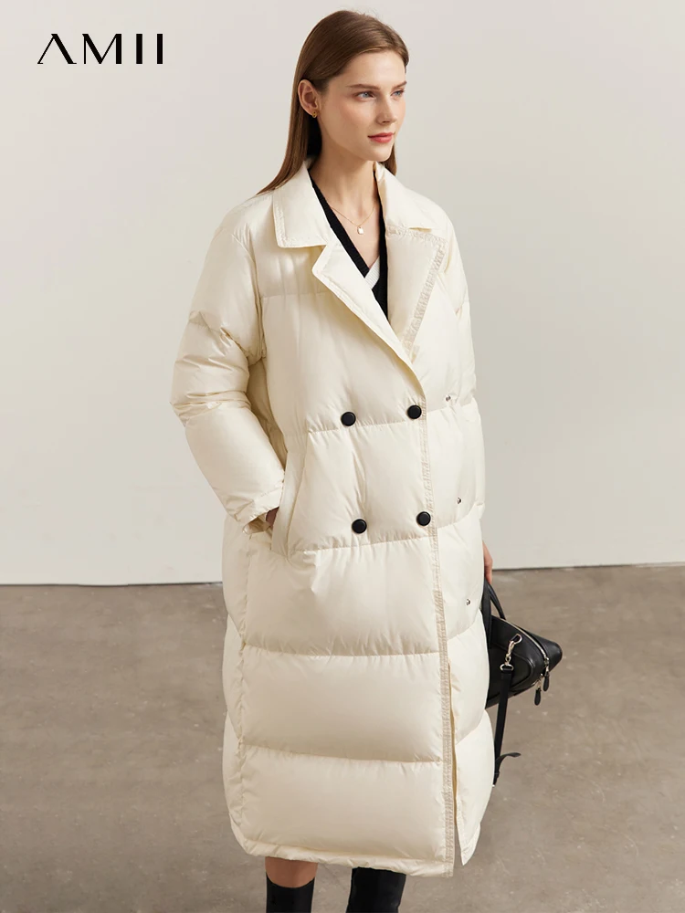 Amii minimalismo para baixo jaqueta feminina 2022 inverno novo engrossar quente sólido solto moda turn-down colarinho longo roupas topos 12270486
