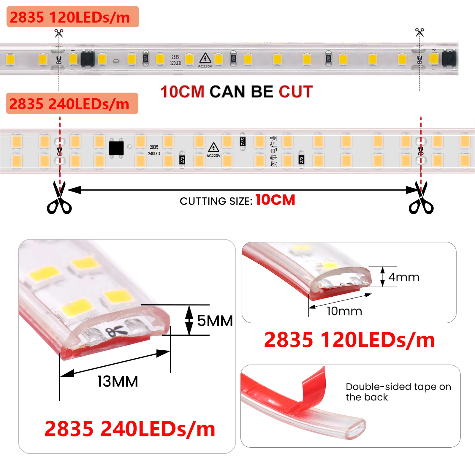 2835 LED Strip 220V High Brightness 120LEDs/m 240LEDs/m Adhesive LED Lighting Strip Waterproof Led Tape Outdoor Garden Lights