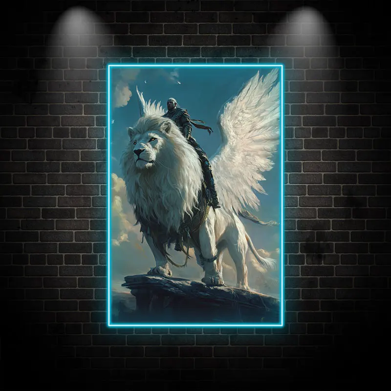 Fantasy Winged Lion LED Neon Wall Light, Majestic Warrior & White Lion Art Decor for Home, Gaming Room & Gift, Stunning LED Glow