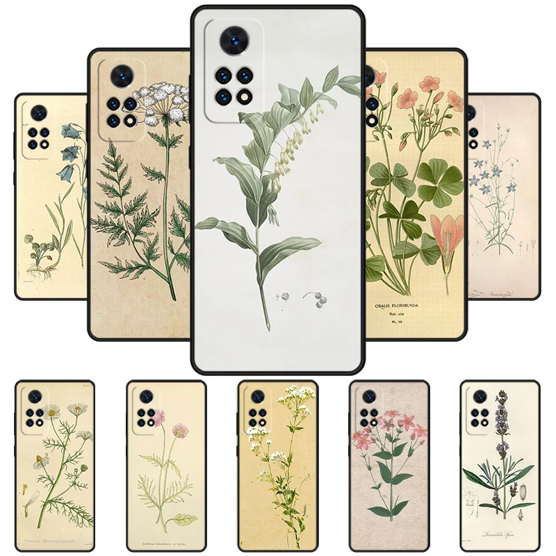 Botanical Drawings Flowers Plants Phone Case For Redmi Note 11 EPro 11S 10T 9S Promax 8 Pro Xiaomi Mi 10 11 12X 12S Ultra Cover