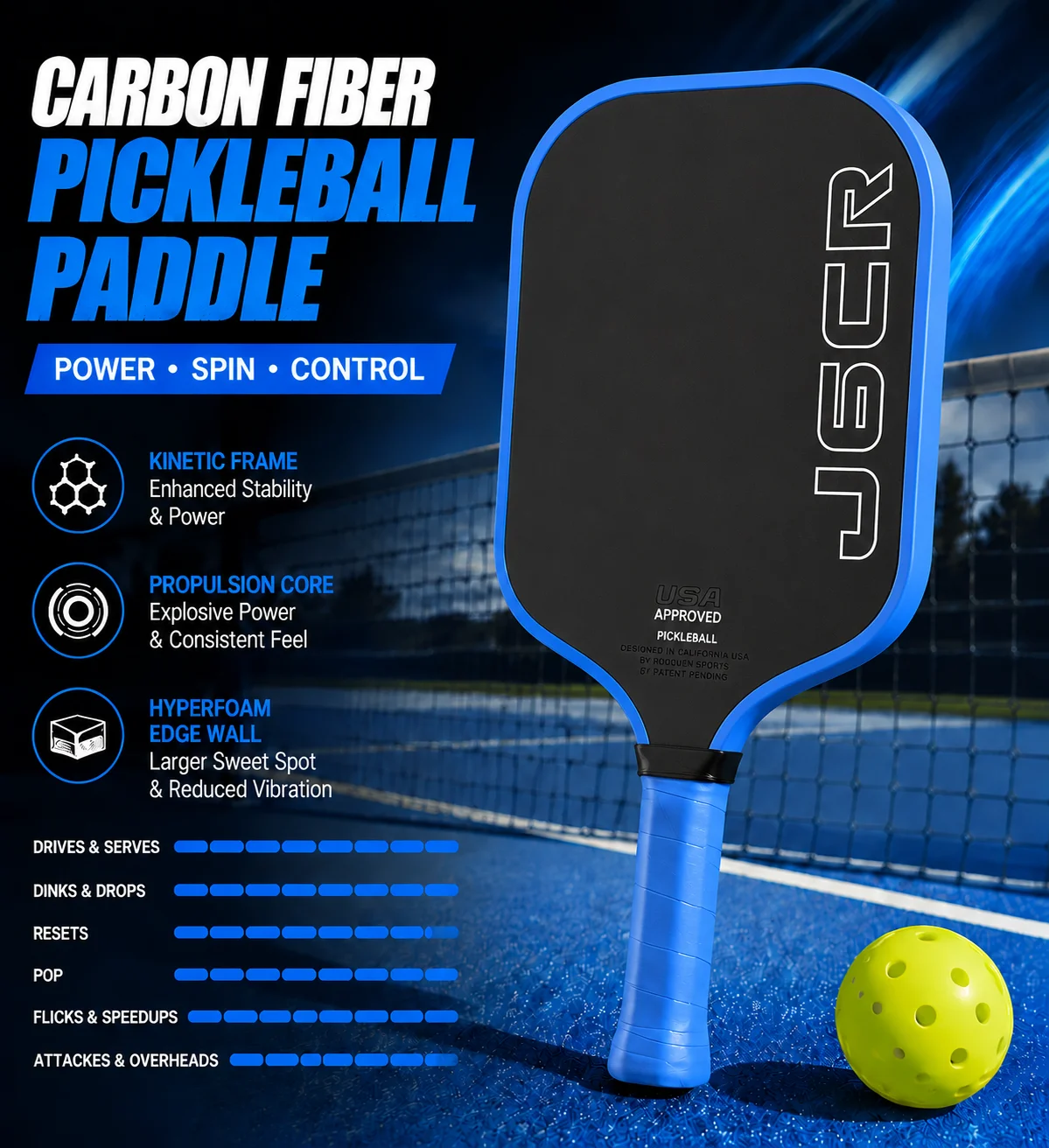 J6CR T700 Carbon Fiber Pickleball Paddle with Carbon Fiber Friction Surface 16mm Polymer Power Core Enhanced Strength Spin And C